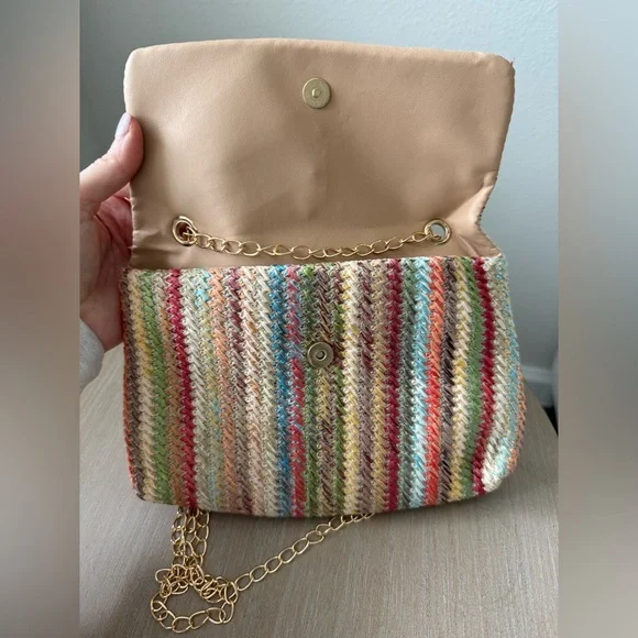 Multicolor Woven Crossbody Bag with Gold Chain - Picture 2 of 4